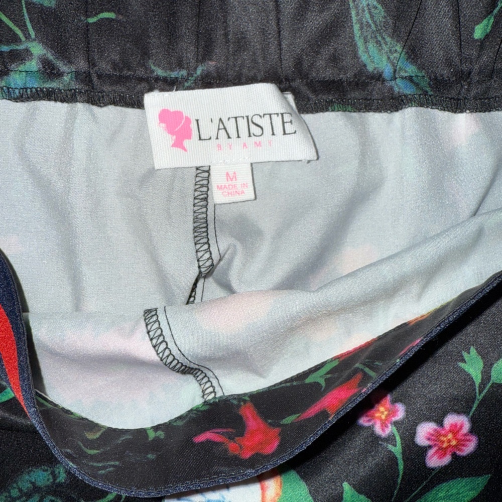 Floral Wide Leg Pants in Black with Red Trim - Picture 2 of 4
